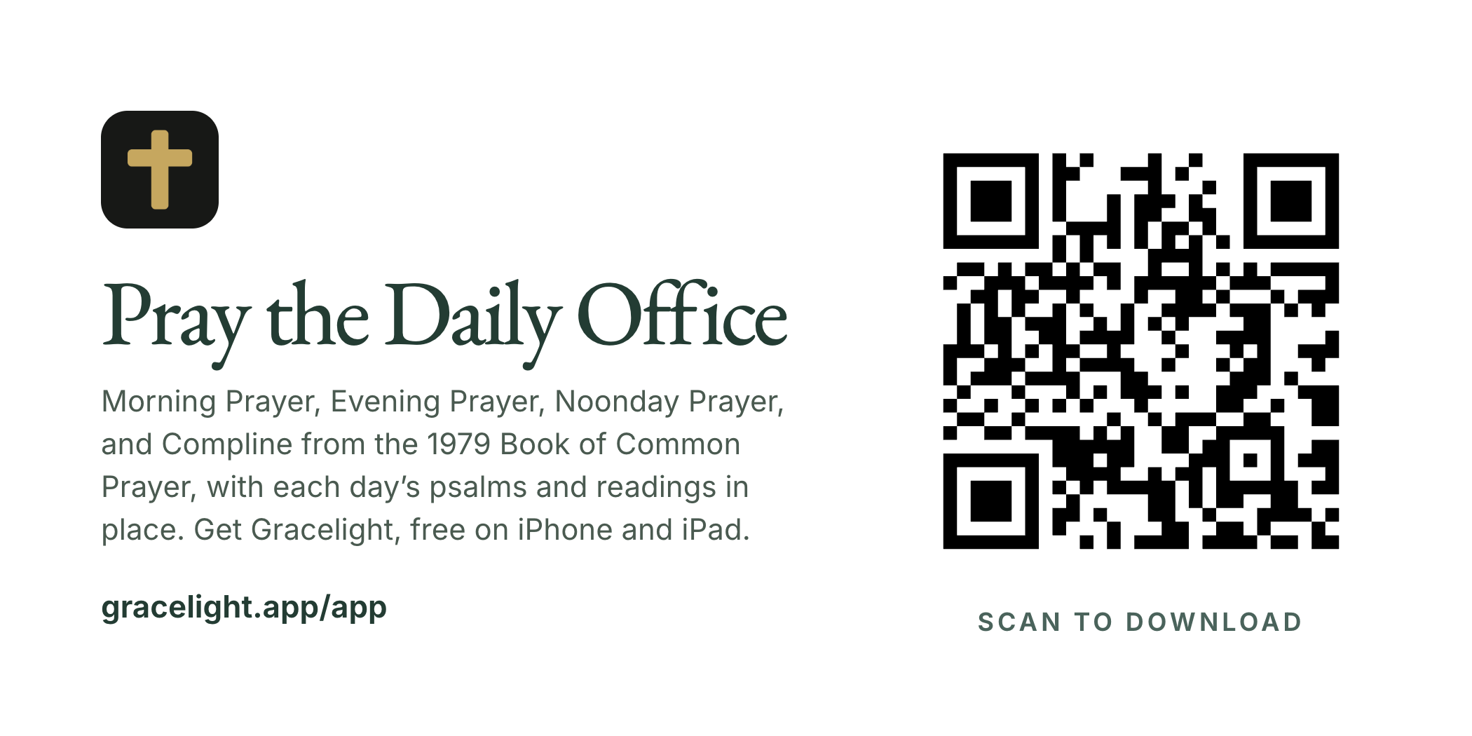 A bulletin graphic reading “Pray the Daily Office”, with a QR code to scan to download the app
