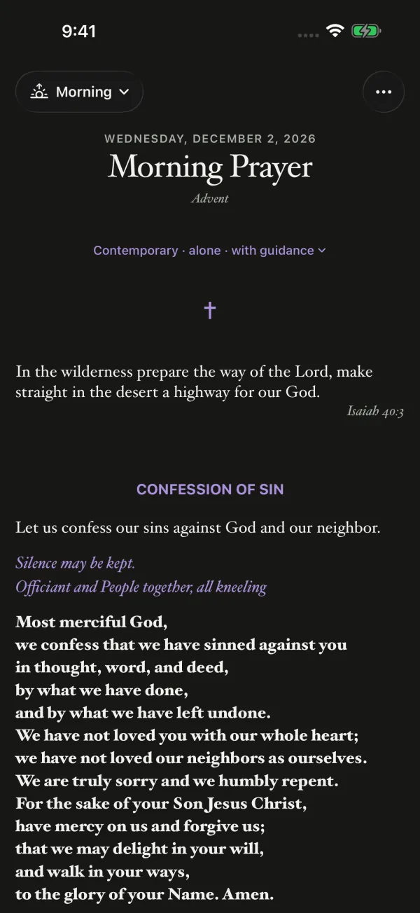 Morning Prayer in Advent, opening with a sentence from Isaiah 40 and the Confession of Sin.