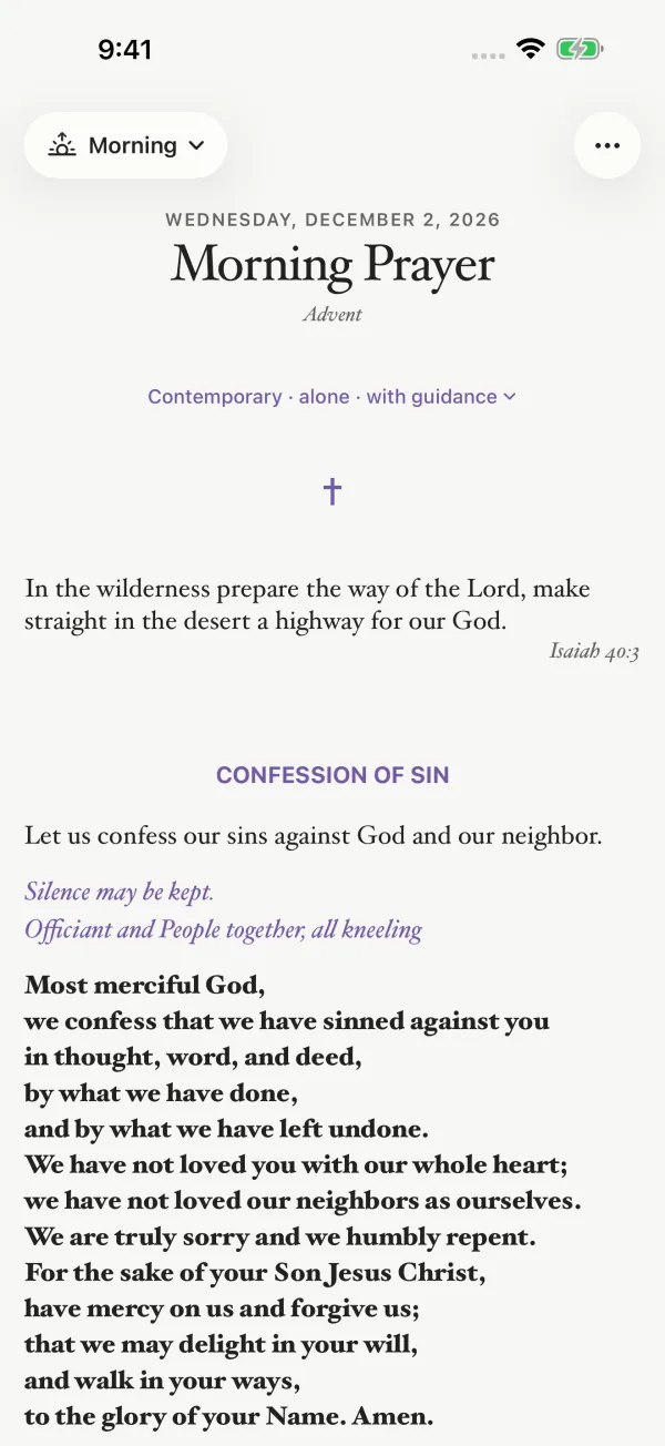 Morning Prayer in Advent, opening with a sentence from Isaiah 40 and the Confession of Sin.