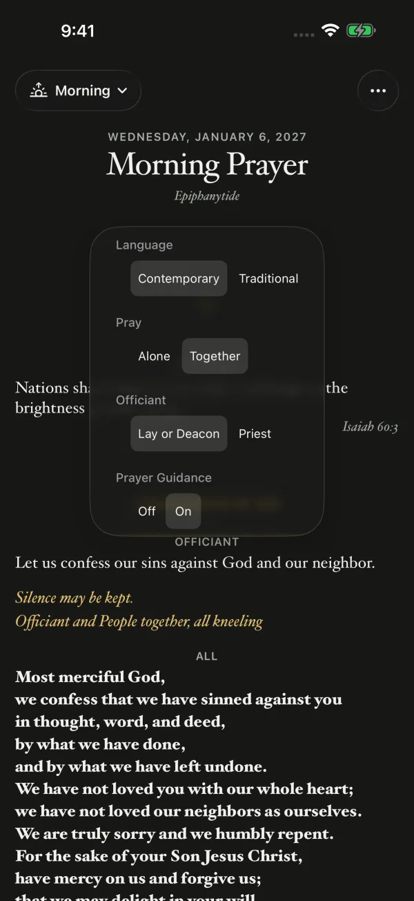 The prayer options menu under the title of Morning Prayer, with choices for language, praying alone or together, officiant, and prayer guidance.
