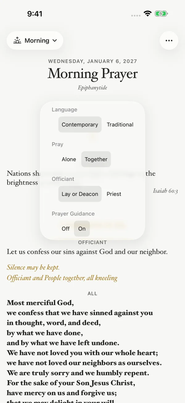 The prayer options menu under the title of Morning Prayer, with choices for language, praying alone or together, officiant, and prayer guidance.