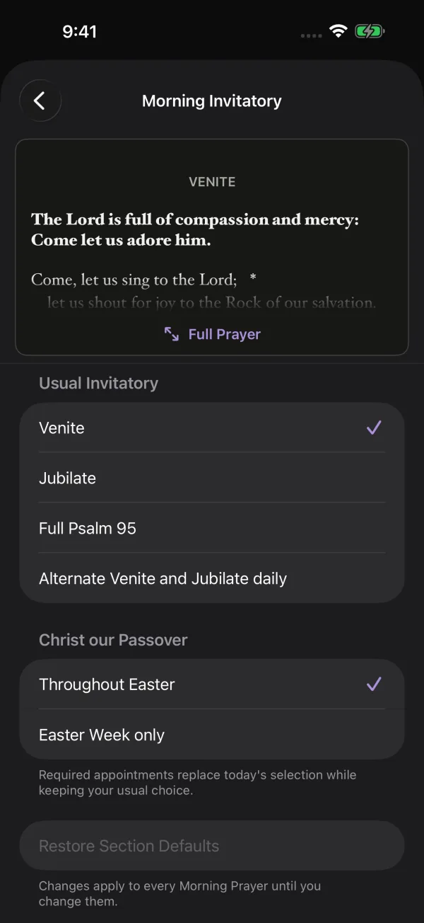 Choosing the Morning Invitatory, with a live preview of the Venite above the choices.