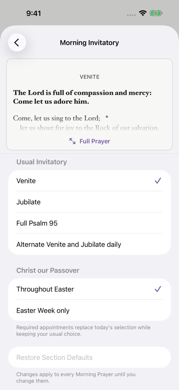 Choosing the Morning Invitatory, with a live preview of the Venite above the choices.