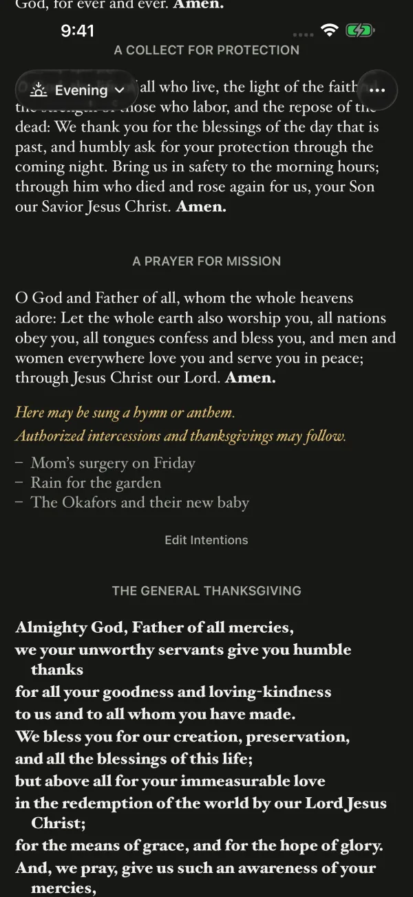 Three personal intentions listed after the intercessions in Evening Prayer.