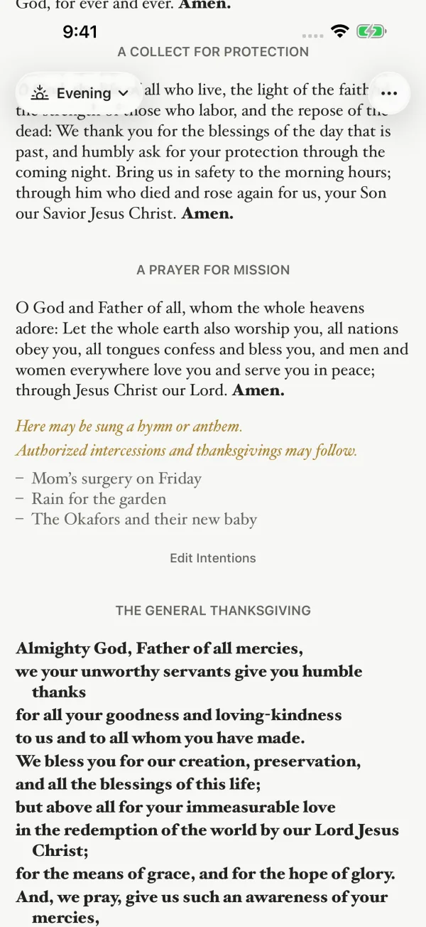 Three personal intentions listed after the intercessions in Evening Prayer.