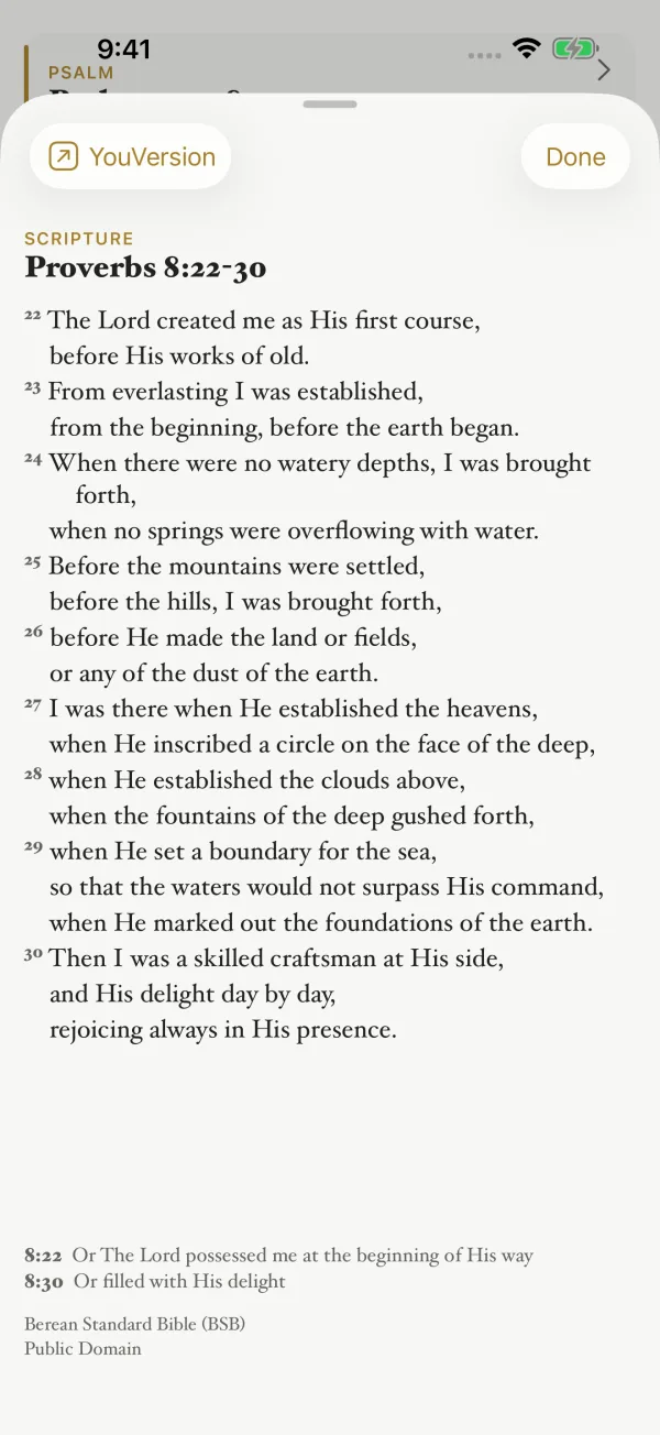 The first lesson, Proverbs 8:22–30, open in a sheet in the Berean Standard Bible.