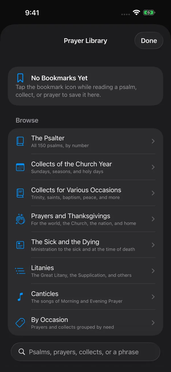 The prayer library, organized by prayer-book section: the Psalter, collects, prayers and thanksgivings, litanies, and canticles.