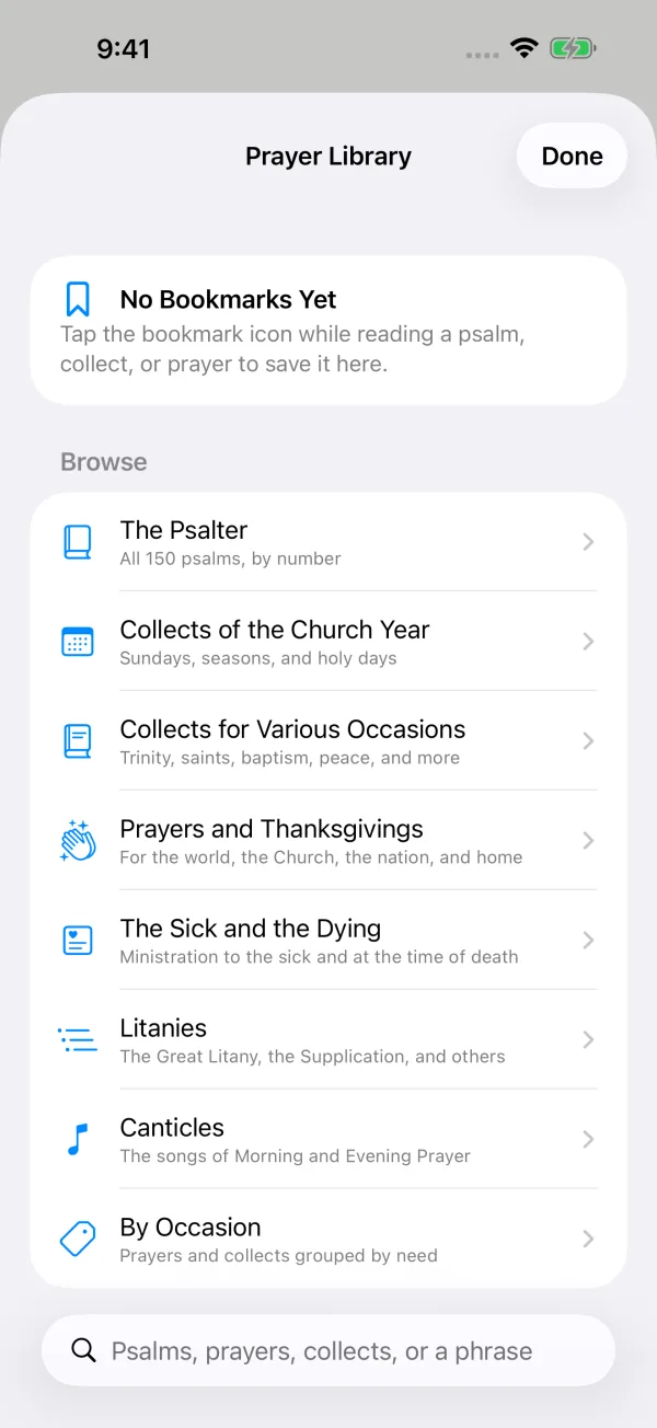The prayer library, organized by prayer-book section: the Psalter, collects, prayers and thanksgivings, litanies, and canticles.
